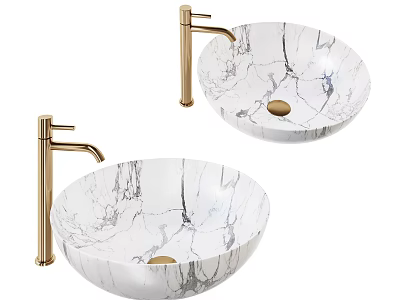 Elegant Bathroom White Marble Pattern Countertop Washbasins With Golden Faucets 3d model