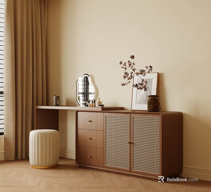 Elegant Wooden Dressing Table with Rattan Doors Drawers White Striped Stool Mirror Cosmetics Vase Flowers 3d model 