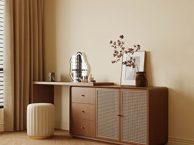 Elegant Wooden Dressing Table with Rattan Doors Drawers White Striped Stool Mirror Cosmetics Vase Flowers 3d model