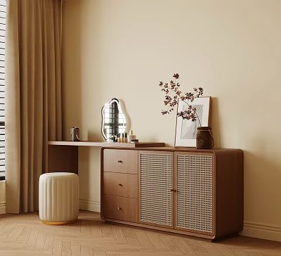 Elegant Wooden Dressing Table with Rattan Doors Drawers White Striped Stool Mirror Cosmetics Vase Flowers 3d model