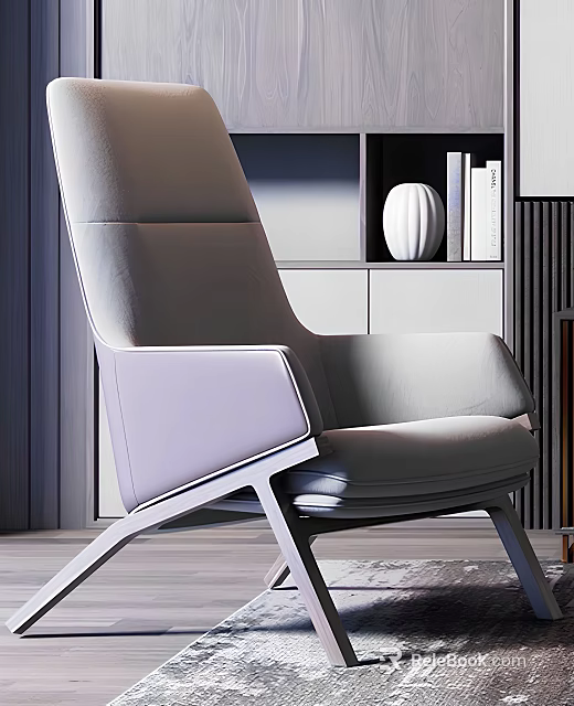 Modern Accent Chair Interior Design With Gray Leather And Bookshelf Decorations 3d model 