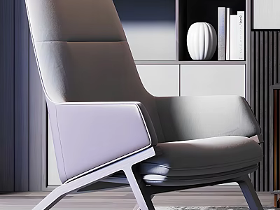 Modern Accent Chair Interior Design With Gray Leather And Bookshelf Decorations 3d model