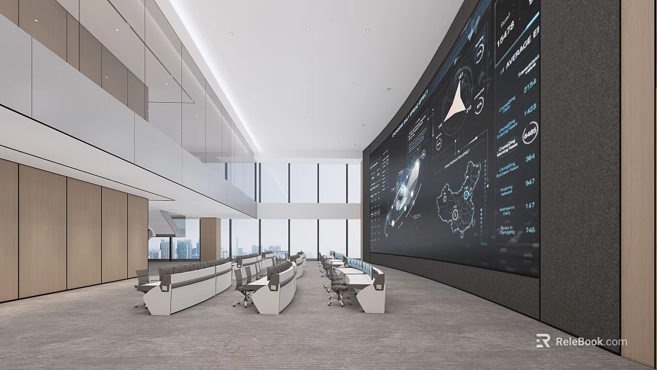 Modern Conference Hall Featuring Large Curved Screen And Data Visualization Seats 3d model