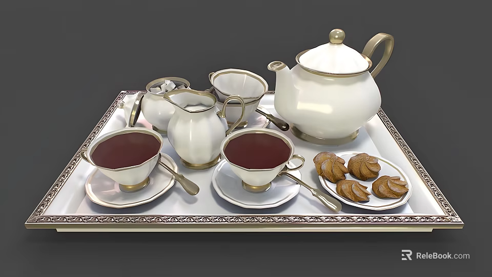 Elegant White Ceramic Teapot Set With Creamer Teacups Saucers And Cookies On Tray 3d model 