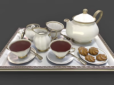 Elegant White Ceramic Teapot Set With Creamer Teacups Saucers And Cookies On Tray 3d model