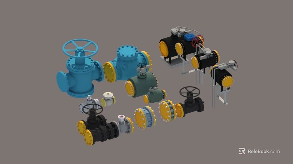 Industrial Plant Valves And Equipment With Various Handwheel Controls And Mechanical Designs 3d model 