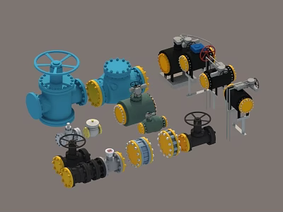 Industrial Plant Valves And Equipment With Various Handwheel Controls And Mechanical Designs 3d model