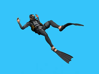 Man Diving With Scuba Gear Mask Oxygen Tank And Flippers In Blue Environment 3d model