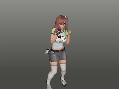 Pink Haired Woman Wearing White T Shirt Denim Shorts And Boxing Gloves 3d model