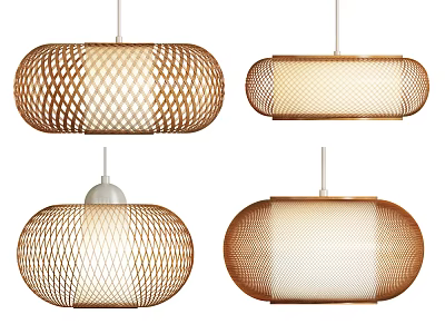 Modern Woven Oval Shaped Pendant Lights Set of Four with Natural Brown Cream Design 3d model