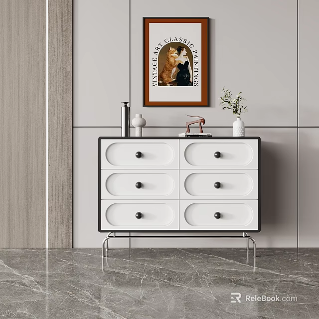 Modern Entryway Side Cabinet With Decorative Vase And Wall Art Design 3d model