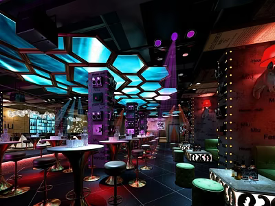 Stylish Bar Interior With Hexagonal Ceiling Lights High Stools And Colorful Lighting 3d model