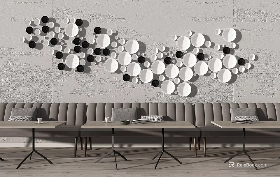 Modern Wall Decor with Black and White Circular Elements in Irregular Arrangement for Interior Space 3d model
