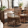Elegant Reception Room With Wicker Chairs Wooden Furniture And Green Plants Pendant Lights