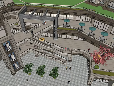 Multi Level Commercial Street Featuring Staircases Green Plants Outdoor Seating And Umbrellas 3d model