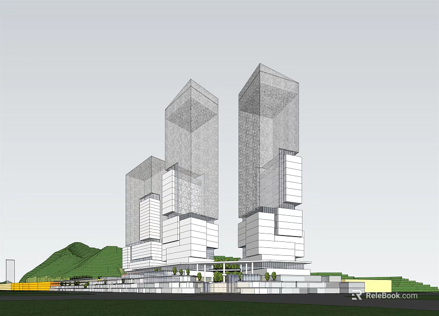 Modern Twin Tower Office Building Design With Glass Facade And Green Hills 3d model 