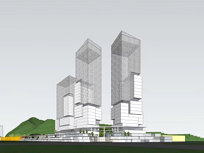 Modern Twin Tower Office Building Design With Glass Facade And Green Hills 3d model