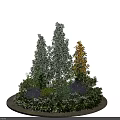 Lush Circular Flower Bed With Various Plants Purple Flowers And Green Shrubs