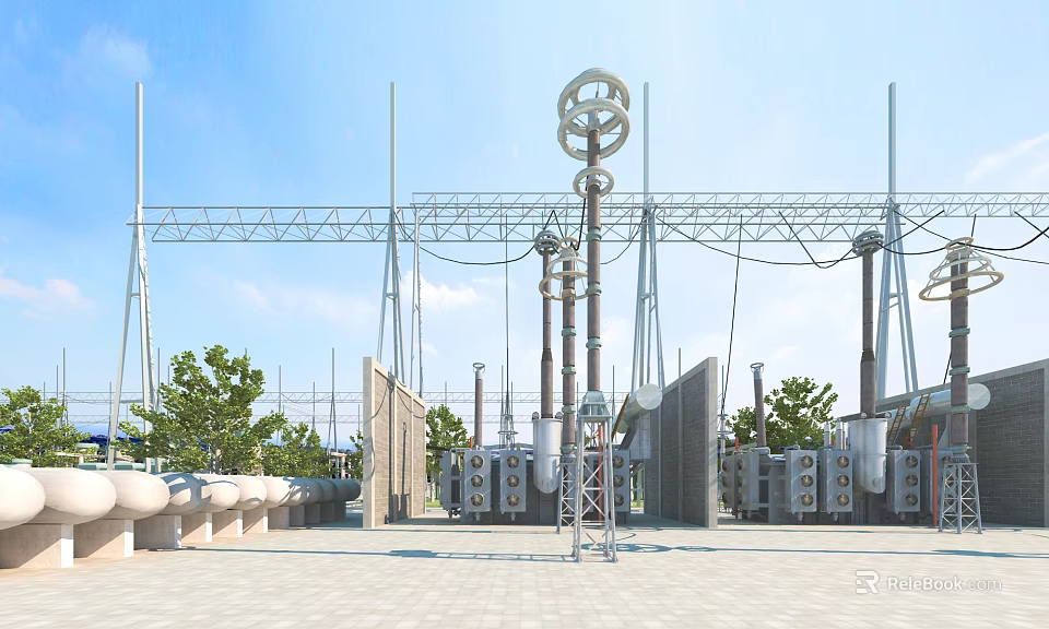 Industrial Equipment High Voltage Transmission Metal Structure in Outdoor Power Station with Transformer Units 3d model 