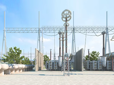 Industrial Equipment High Voltage Transmission Metal Structure in Outdoor Power Station with Transformer Units 3d model