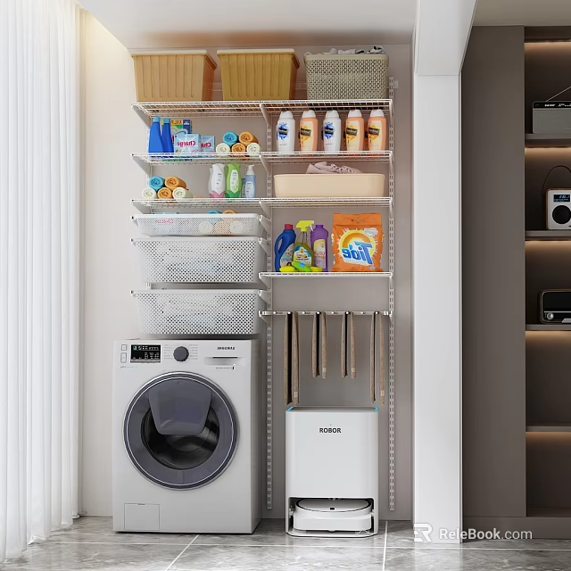 Balcony Cabinet With Washing Machine Storage Shelves And Cleaning Supplies 3d model 