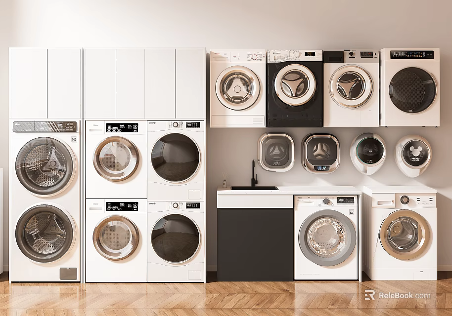 Various Front Load Washing Machines with White Cabinets and Sink Display Setup 3d model 