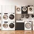 Various Front Load Washing Machines with White Cabinets and Sink Display Setup