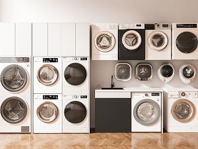 Various Front Load Washing Machines with White Cabinets and Sink Display Setup 3d model