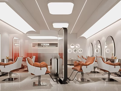 Bright Modern Minimalist Beauty Hair Salon Interior Design With Stylish Comfortable Chairs And Illuminated Mirrors 3d model