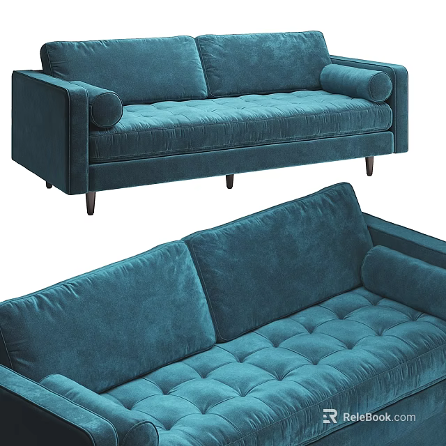 Modern Teal Velvet Two Seater Sofa With Tufted Seat Armrests And Wooden Legs 3d model 