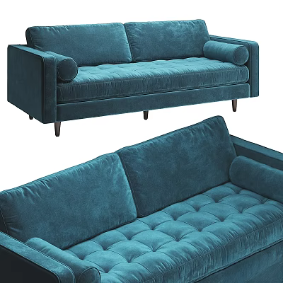 Modern Teal Velvet Two Seater Sofa With Tufted Seat Armrests And Wooden Legs 3d model
