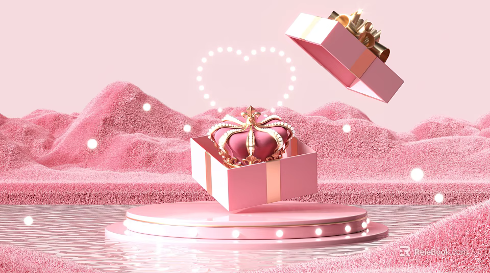 Pink Landscape Sculpture With Open Gift Box Golden Crown Heart Shape And Pink Sand Dunes 3d model 