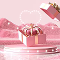 Pink Landscape Sculpture With Open Gift Box Golden Crown Heart Shape And Pink Sand Dunes