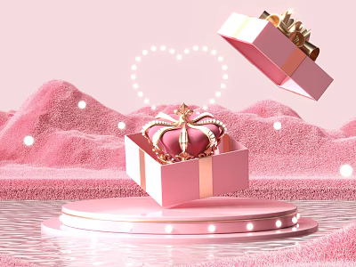 Pink Landscape Sculpture With Open Gift Box Golden Crown Heart Shape And Pink Sand Dunes 3d model