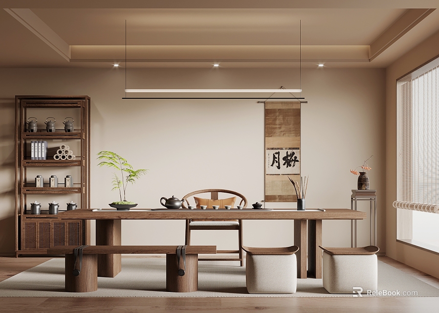Traditional Tea Room Interior With Wooden Long Table Tea Sets Green Plant And Calligraphy Scroll 3d model 