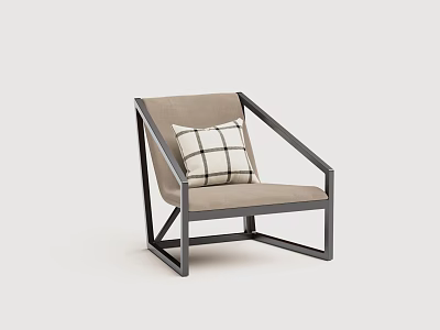 Modern Armchair With Black Metal Frame And Light Brown Plaid Cushion 3d model