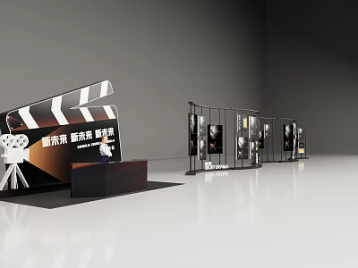 Movie Themed Exhibition Setup Featuring Clapperboard Display Stand Posters And Projector 3d model