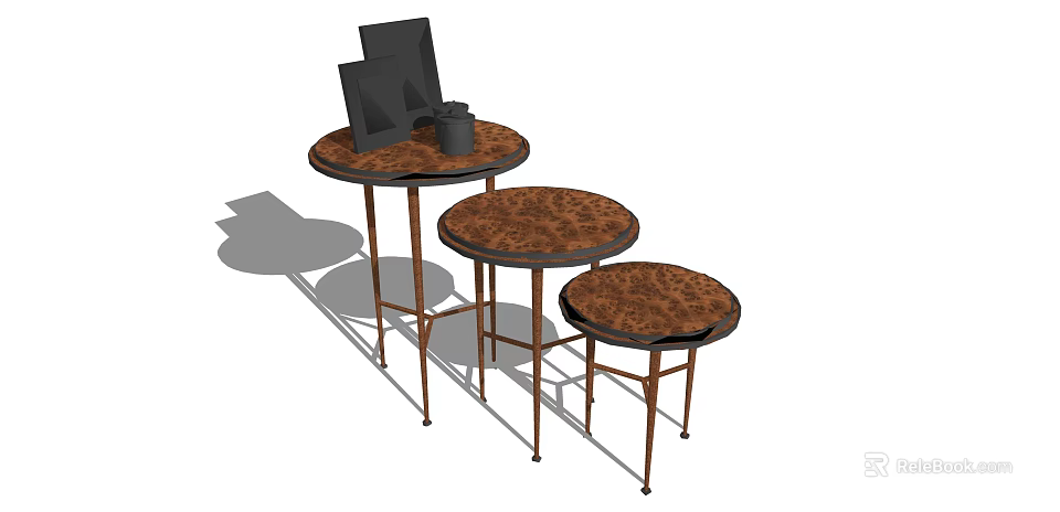 Three Circular Side Tables Set With Patterned Brown Tops And Metal Legs 3d model