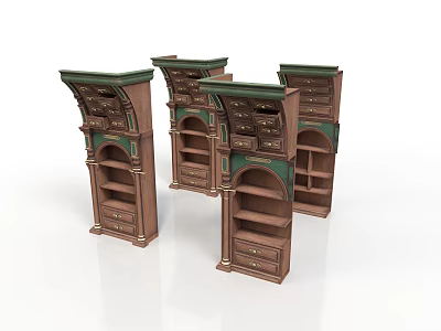 Traditional Style Wooden Cabinets With Brown Green Finish Drawers And Shelves 3d model