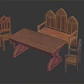 Wooden Table and Chairs Set with Carved Bench and Classic Design