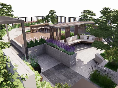 Roof Garden Design With Lush Greenery Outdoor Seating Wooden Pavilion And Flower Beds 3d model