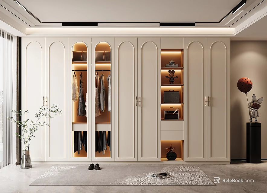 Modern Built In Wardrobe With Interior Lighting And Organized Storage In Stylish Room 3d model 