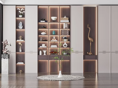 Elegant Modern Bookcase Interior With Wooden Shelves LED Lighting And Decorative Ceramic Vases 3d model