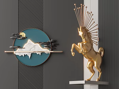 Elegant Wall Decor With Circular Blue Mountain Moon Bird Design And Golden Unicorn Sculpture 3d model