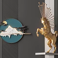 Elegant Wall Decor With Circular Blue Mountain Moon Bird Design And Golden Unicorn Sculpture