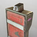 Red Vintage Control Device Featuring Metal Frame Worn Surface Yellow Stickers And Black Top