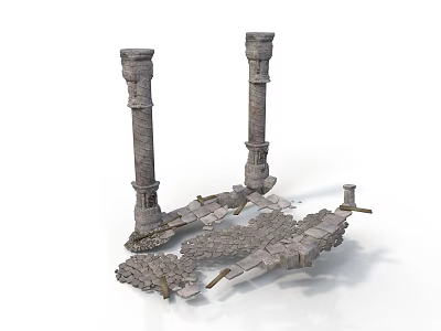 Ancient Ruined Architectural Scene With Carved Stone Columns And Fallen Blocks 3d model