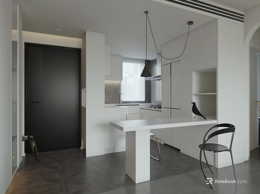 Modern Restaurant Interior With Open Kitchen White Table And Black Chairs 3d model 
