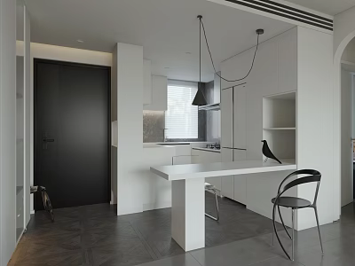 Modern Restaurant Interior With Open Kitchen White Table And Black Chairs 3d model