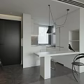 Modern Restaurant Interior With Open Kitchen White Table And Black Chairs